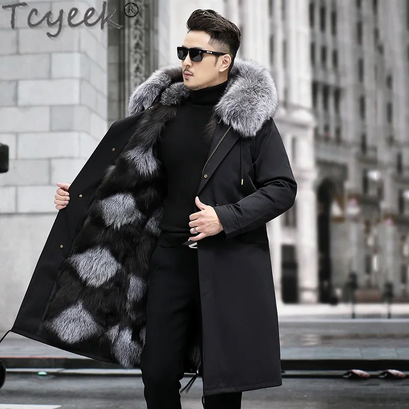 Tcyeek 2023 Hooded Mens Fur Jacket New Winter Parka Men Clothing Fox Fur Liner Detachable Coat Warm Raccoon Fur Collar Chaquetas