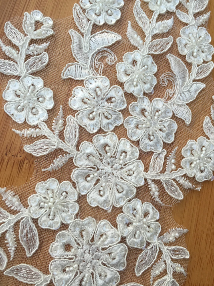 Simple Elegant Floral Applique Beaded Embroidery Mesh Lace With Sequins For Bridal Wedding Dress