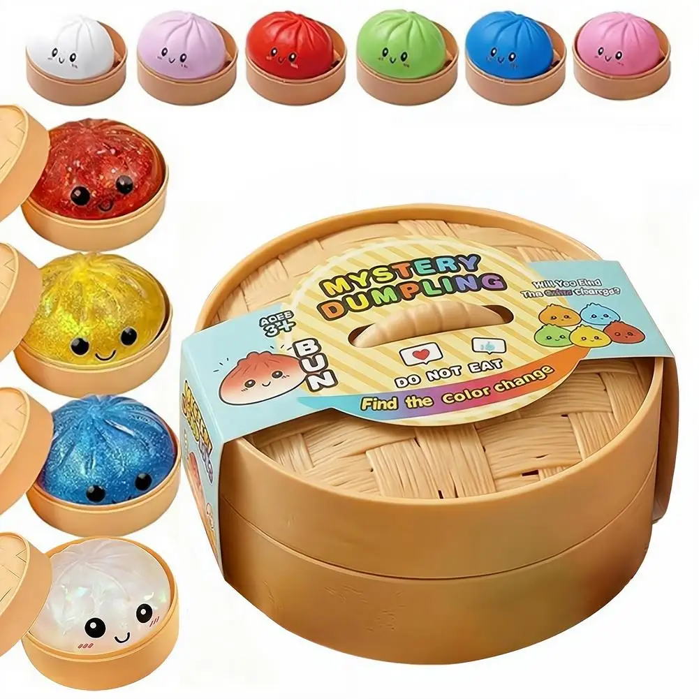 Glitzer-Kristall-Dumpling-Squishy-Spielzeug, glänzender Stressabbau-Quetschball, sensorisches Fidget-Spielzeug mit Dampfgarer-Box, Geschenk für Kinder und Erwachsene