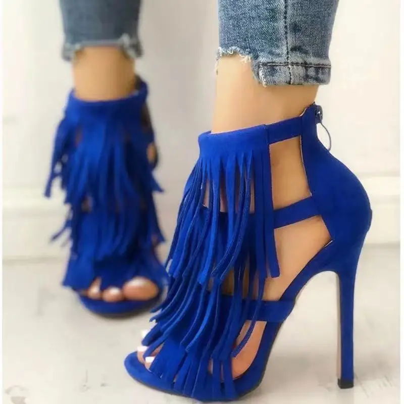 Low Sandals Woman Leather Tassel Shoes Lady 2024 Large Size Suit Female Beige Summer Heels Open Toe Low-heeled Fringe New Big Ve