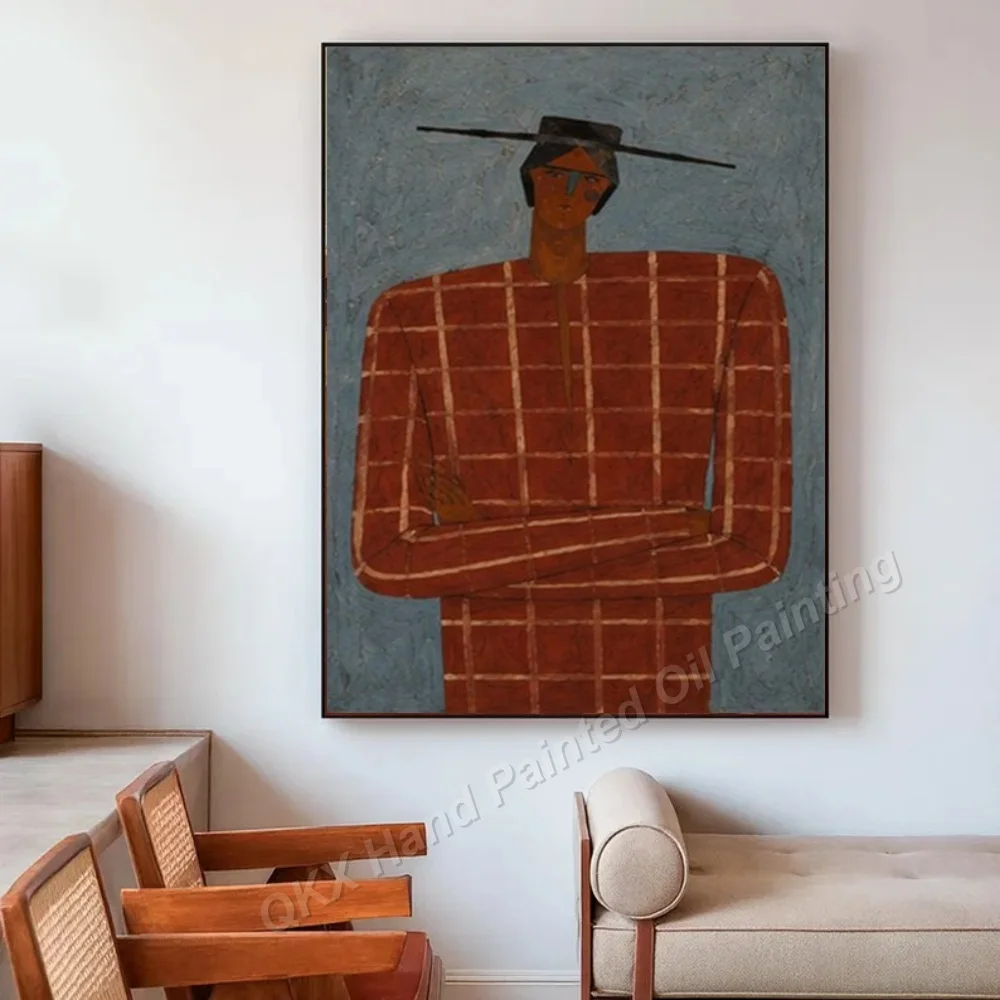 100% Hand-Painted Oil Painting on Canvas Wall Art Decor for Living Room, Mid Century Abstract Man Portrait Textured Knife Art
