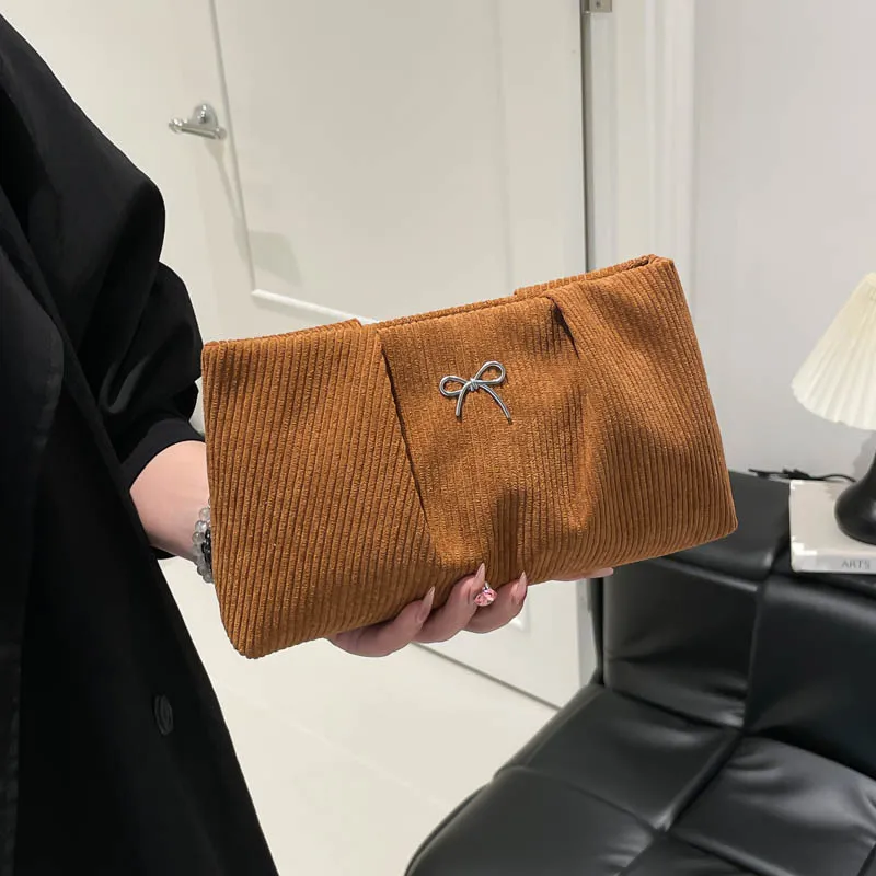 Bow Decoration Women Evening Clutch Bag Corduroy Evening Purse Large Capacity Soft Clutch
