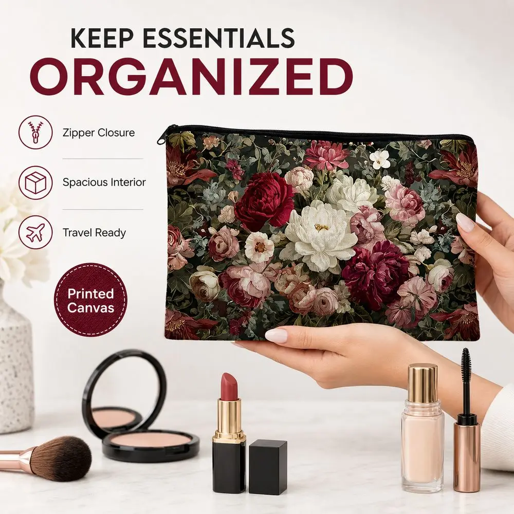 Zipper Closure Makeup Bag Printed Pattern Portable Cosmetic Bag Rectangular Shape Wide Storage Space Storage Bag