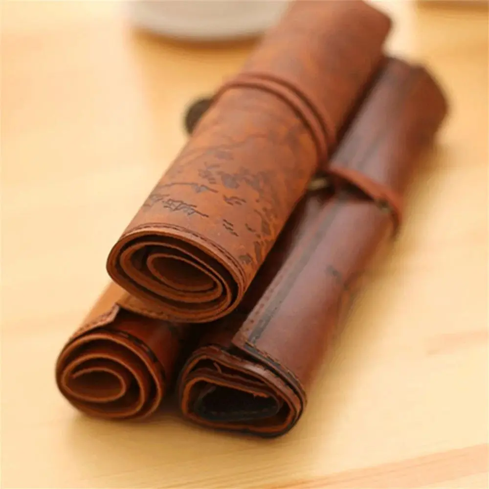 Vintage Imitation Cowhide Leather Roll Up Pirate Treasure Map Pencilcase Office School Supply Woman Cosmetics Storage Bag Gift image 5