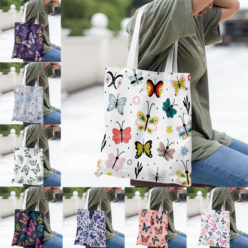 

Fashion Canvas Casual Large Handbag Women's Environmental Shopping Handbag Butterfly Printing Large Capacity Bag Can Be Washed