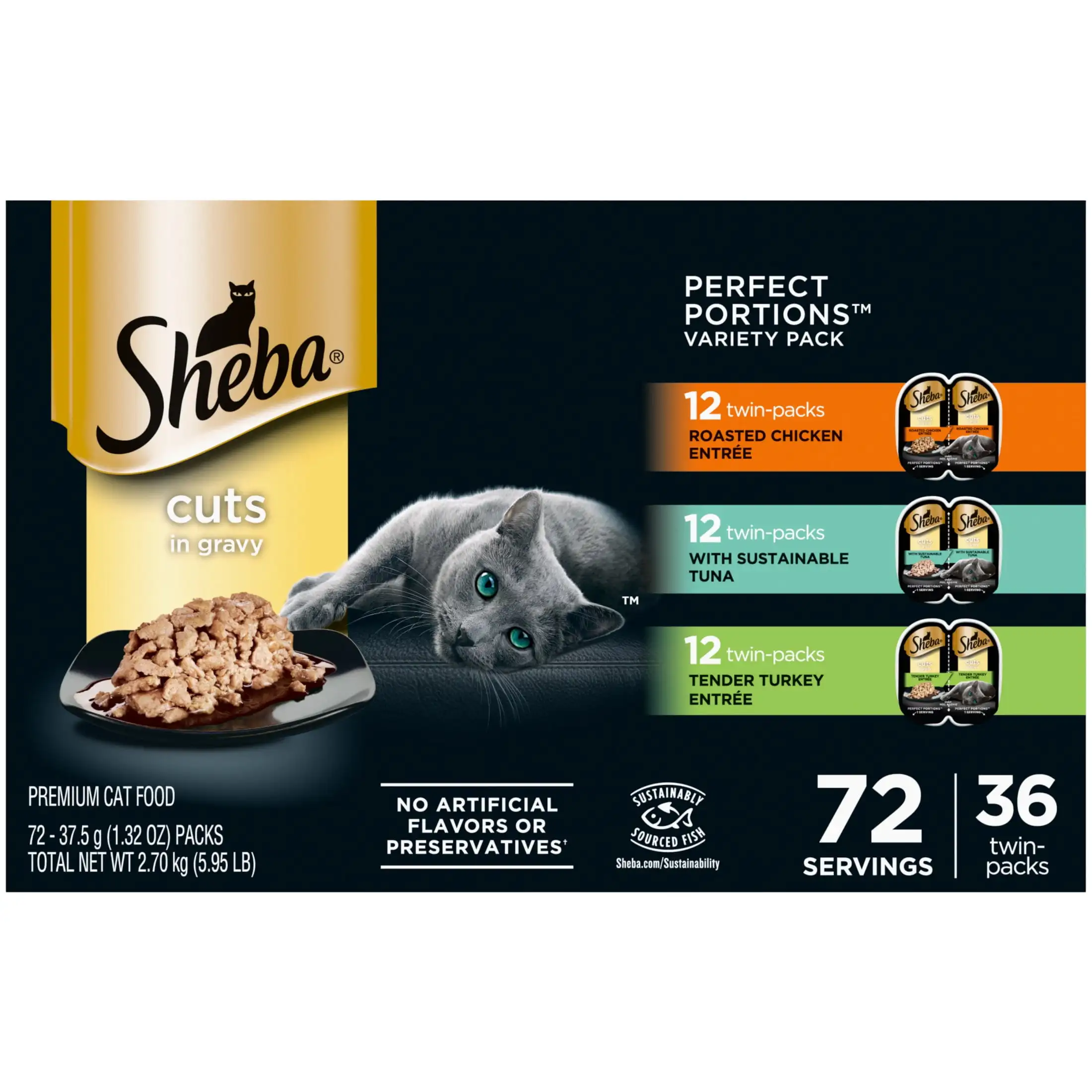 

Sheba Wet Cat Food Cuts In Gravy Variety Pack, With Sustainable Tuna, Roasted Chicken Entree And Tender Turkey Entree, (36) 2.6