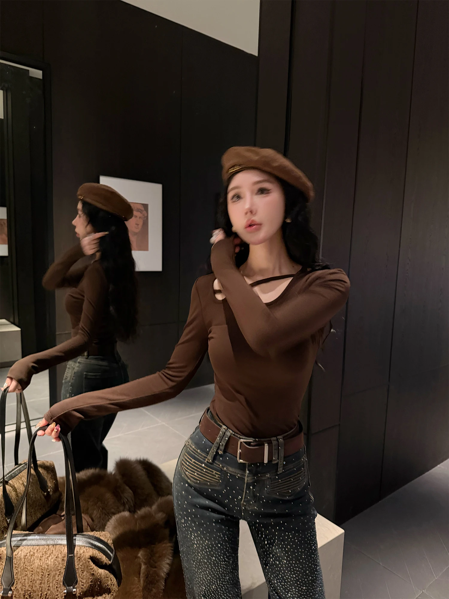 

Женская футболка LADIES FIRST с длинным рукавом, ажурная, в корейском стиле, облегающая, с асимметричным дизайном, повседневная, с высоким воротником