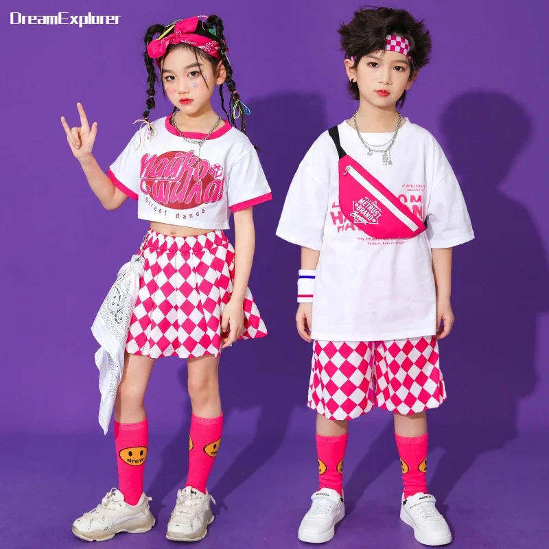 Girls Hip Hop Pink Crop Top Rose Plaid Skirts Boys T-shirt Street Dance Shorts Child Sweet Summer Clothes Sets Kids Jazz Costume