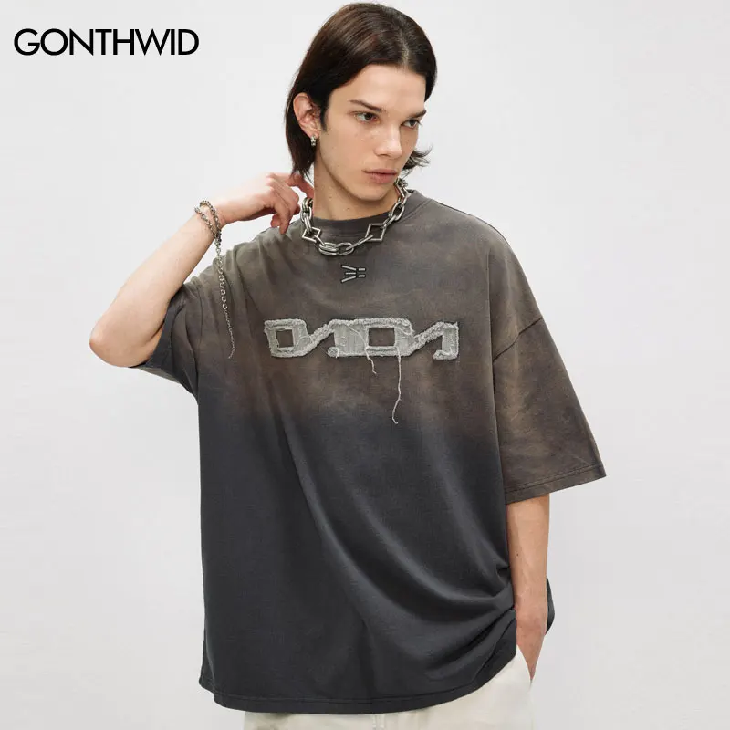 Vintage Tshirt Streetwear Embroidery Letter Patch Tie Dye Gradient Oversized T-Shirt Grunge Men Hip Hop Punk Gothic Washed Tops