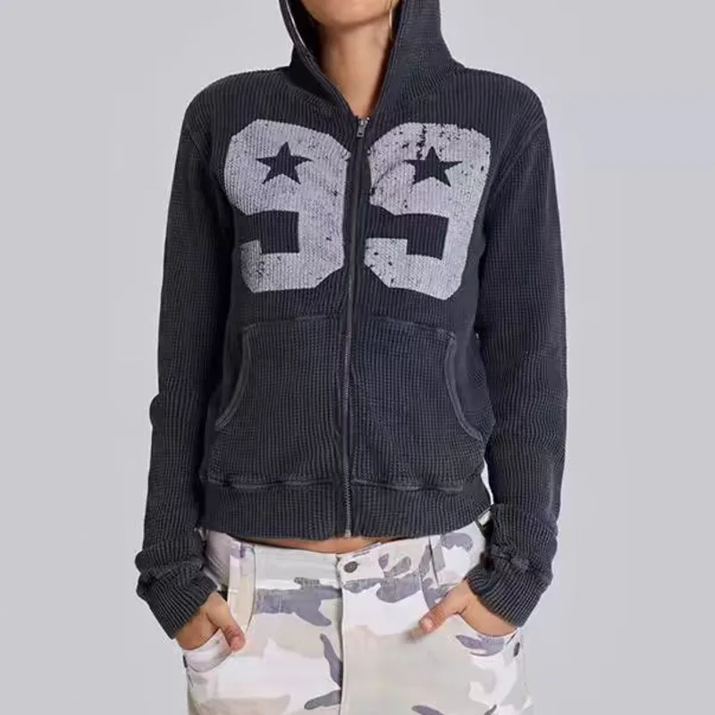 

Кардиган с капюшоном и принтом цифр, женская персонализированная уличная мода, шиферно-синее пальто с капюшоном на молнии, повседневный облегающий дизайн