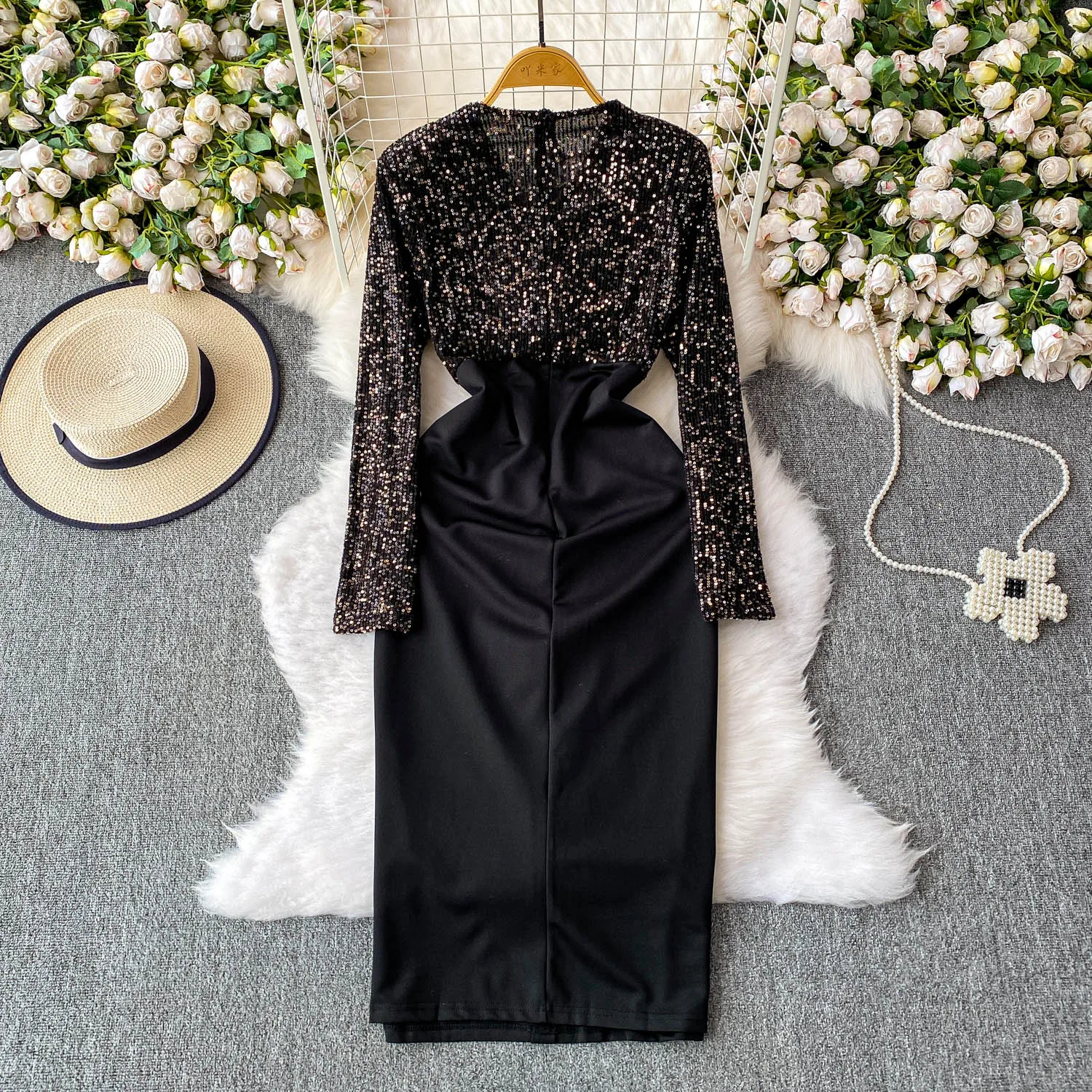 Chic vintage sexy V-neck sequin button long sleeve slim Elegant Fairy korean fashion Boho Sundress women clothing