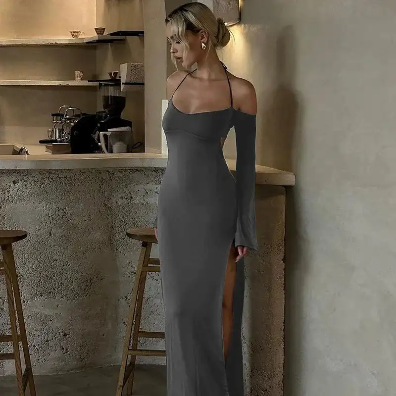 

Solid Color Sexy Long Sleeve Backless Slim Fit Long Dress Women Elegant Spaghetti Straps Party Club Neck-mounted Dresses