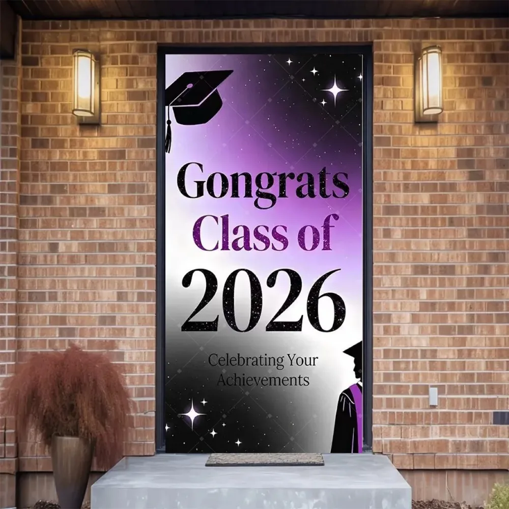 2026 Graduation Season Purple Theme Door Frame Backdrop, Congratulations Graduation Party Decoration Photography Backdrop Cloth