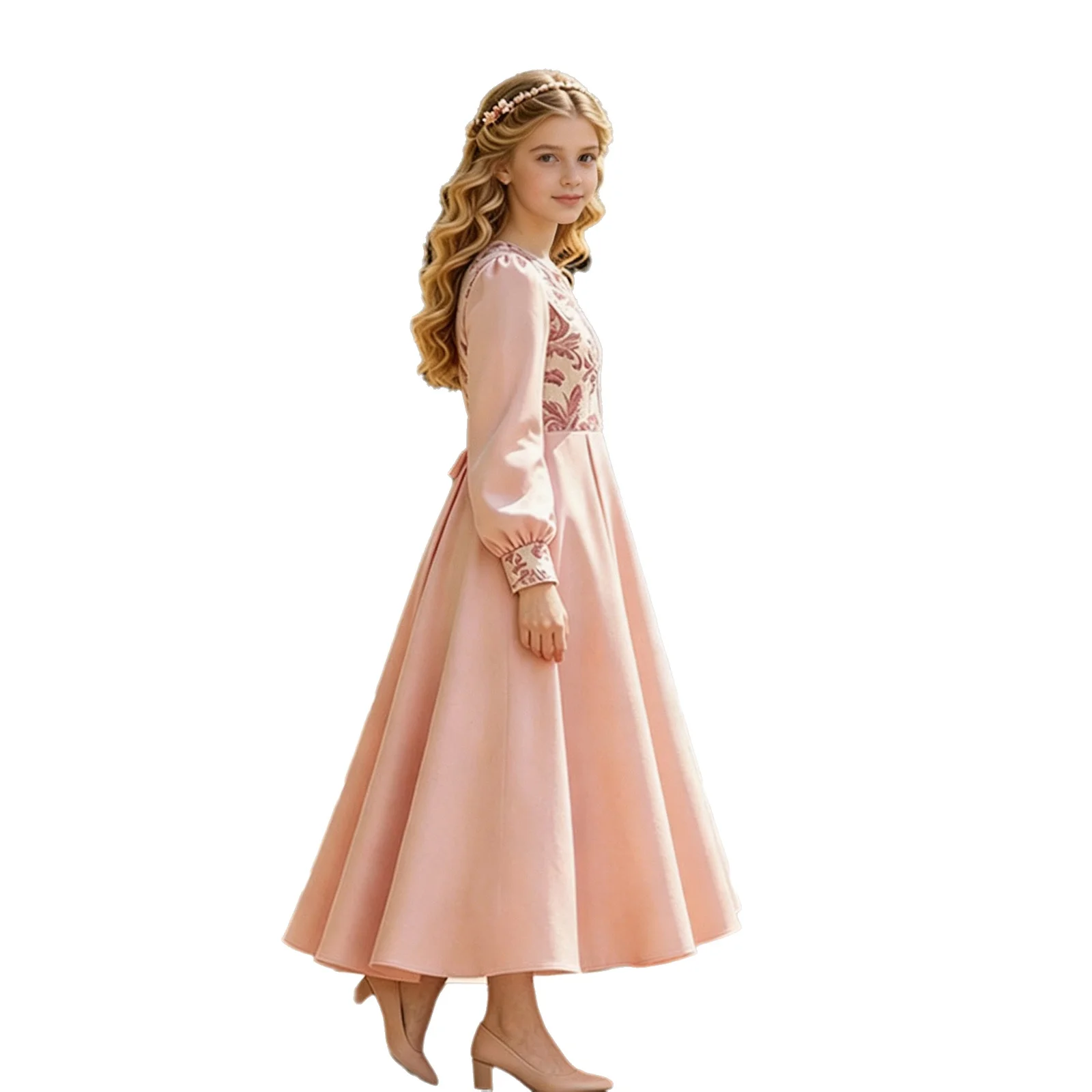 Girls Long Sleeve Satin Flower Girl Dress Vintage Floral Jacquard A‑Line Floor‑Length Formal Gown Kids Wedding Pageant Dresses