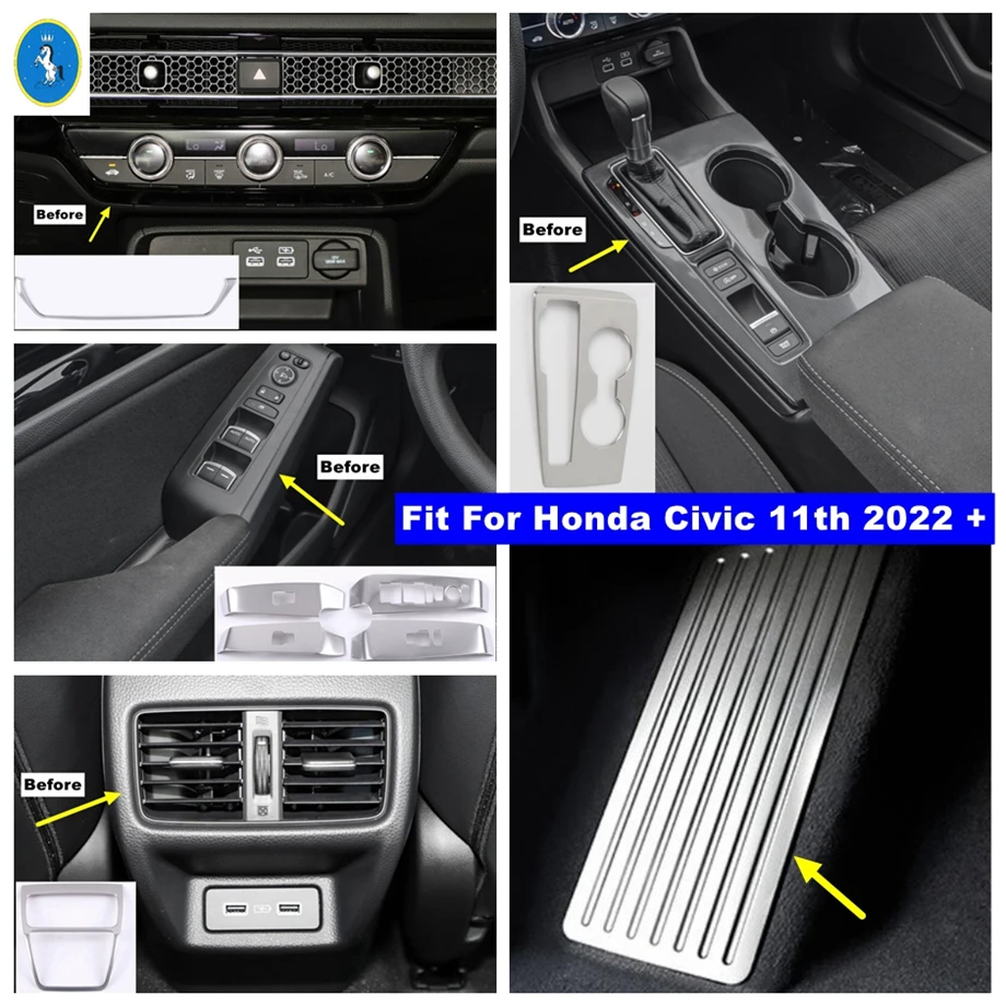 

Auto Glass Lift Button / Gear Shift / Air AC Stripes Cover Trim For Honda Civic 11th 2022 2023 2024 Silver Interior Accessories