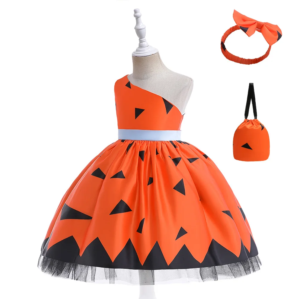 Girls Halloween Party Dresses 100cm-150cm Children Birthday Dress Wedding Ball Gown Slash Neck Orange Color Vestidos