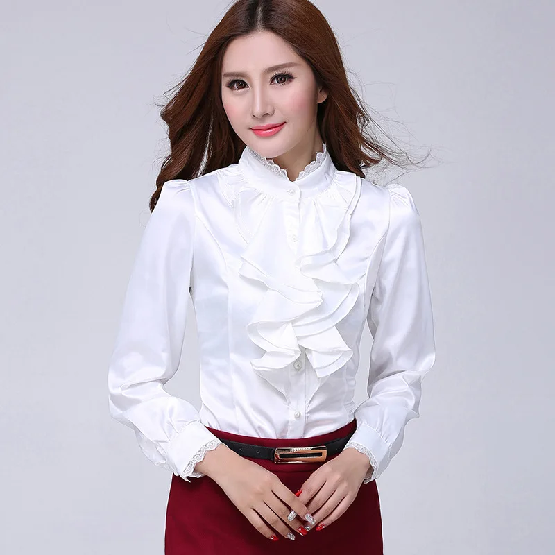 Women\'s Vintage Ruffles Shirts Long Sleeve Women Elegant Lace Button Up Stand Collar Ladies Office Blouses Tops Pink White Shirt