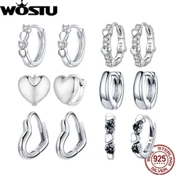 WOSTU 925 Sterling Silver Heart Hoop Earrings with Zircon Simple Fine Jewelry for Women Party Dating Engagement Gift Dropship