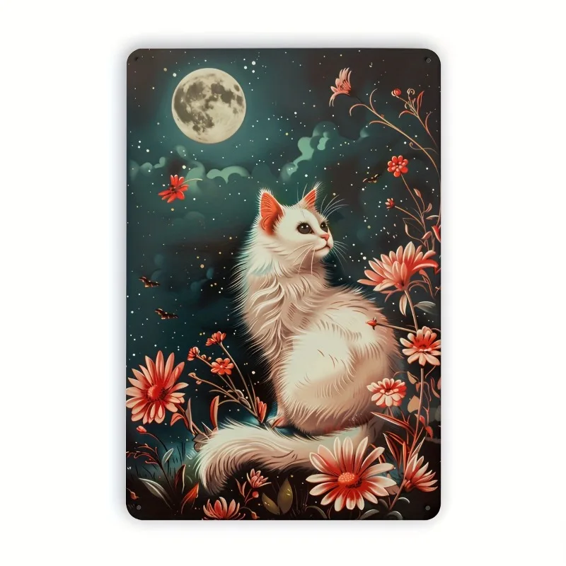 Magic Night Sky with White Cat Vintage Tin Painting Vintage Iron Art Poster Suitable for Home Cafe Decor Indoor and Outdoor Use