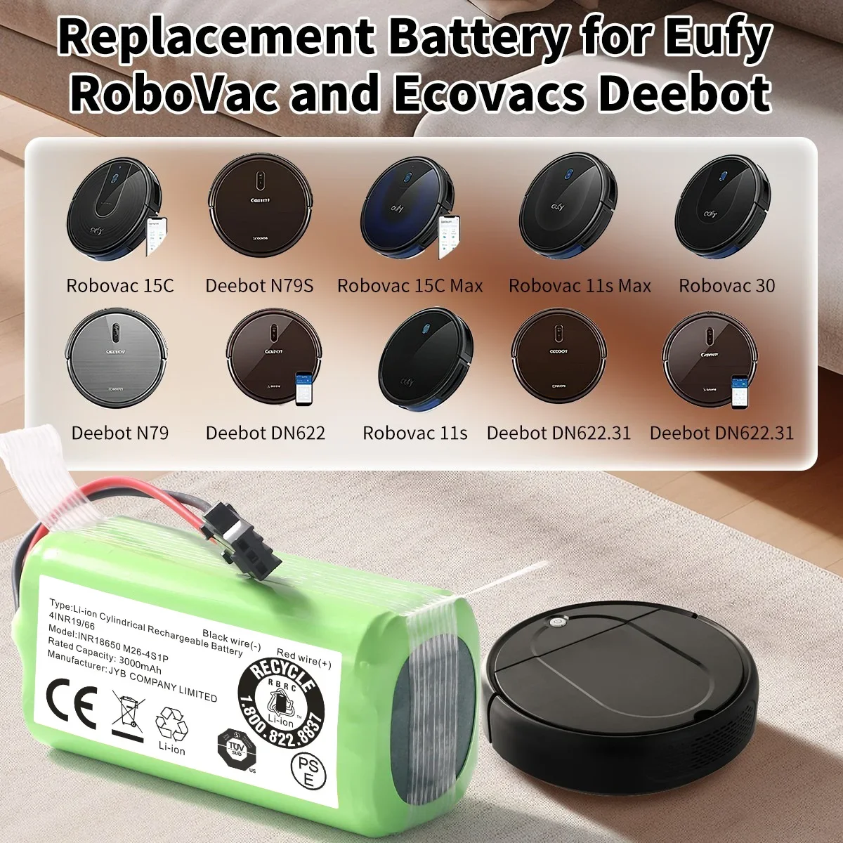 14.4V 3000mAh Lithium Battery Compatible with Eufy RoboVac 11 11S 12 15C 25C 30C 35C G30 Hybrid Goovi D380 R3500