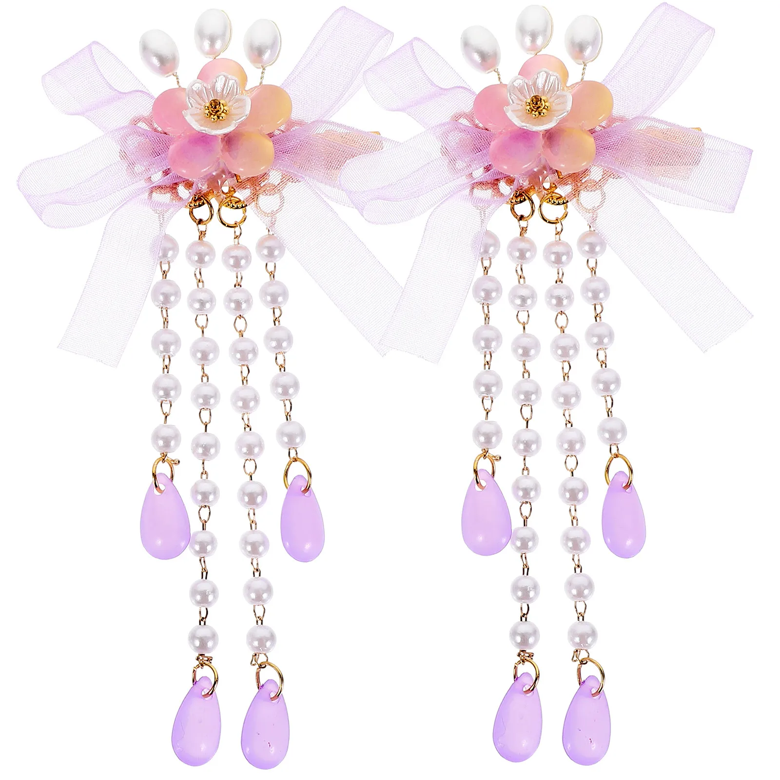 

2Pcs Chinese Tassel Hairpin Flower Design Metal Hair Clip Dangle Beaded Decor for Women Girls Party Daily Wear Photo Shoot