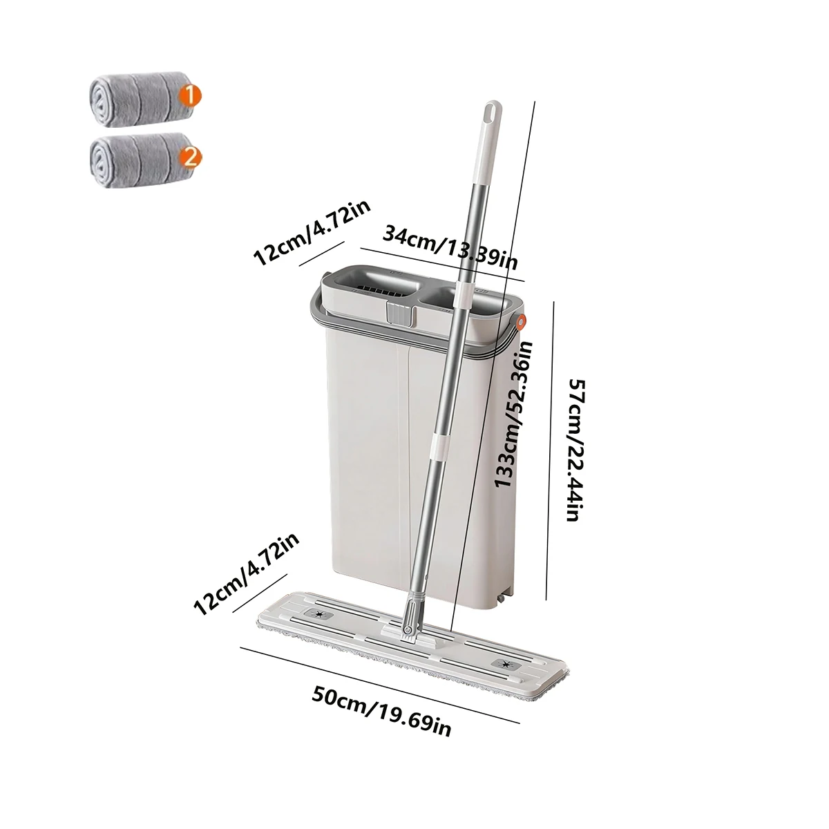 Platte dweil handsfree 47/57 cm met emmerset, nat- en droogvloerreinigingssysteem met separator, voor woonkamer, toilet, huis, met doeken.