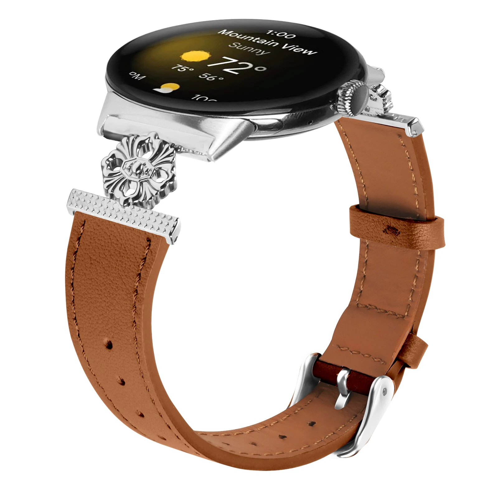 Leather watchband For Google Pixel Watch Smart Watch Four Petals Metal + leather strap for Google pixel Watch 2 band