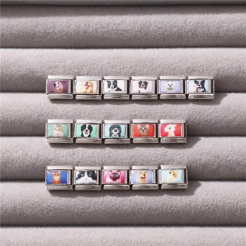 

New Fashion Pet Cats and Dogs Colorful Italian Charm Links Fit 9MM Stainless Steel Bracelet Women Men DIY Making Jewelry Gifts