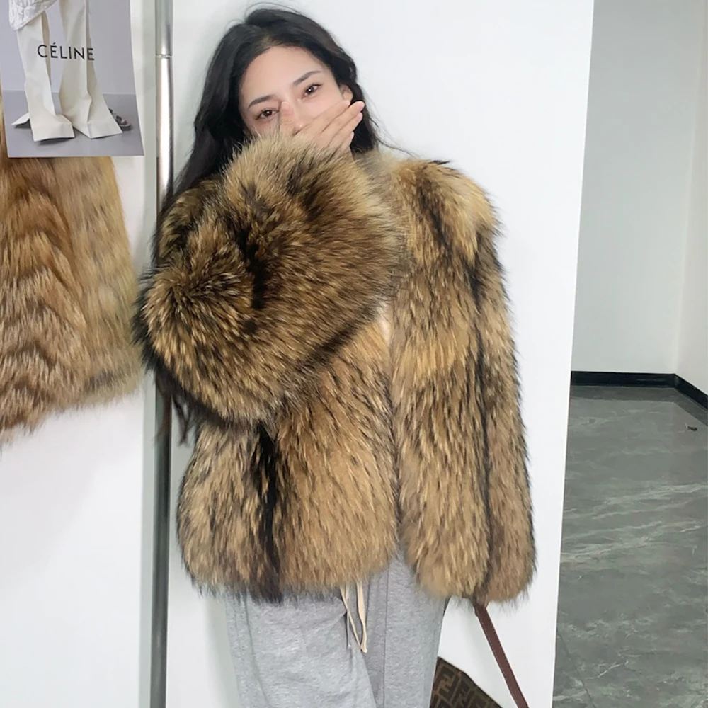 Winter Women Real Fur Coat Natural Raccoon Fur Jacket Short 50cm V-neck Long Sleeve Full Pelt Whoe Skin Streetwear Thick Warm