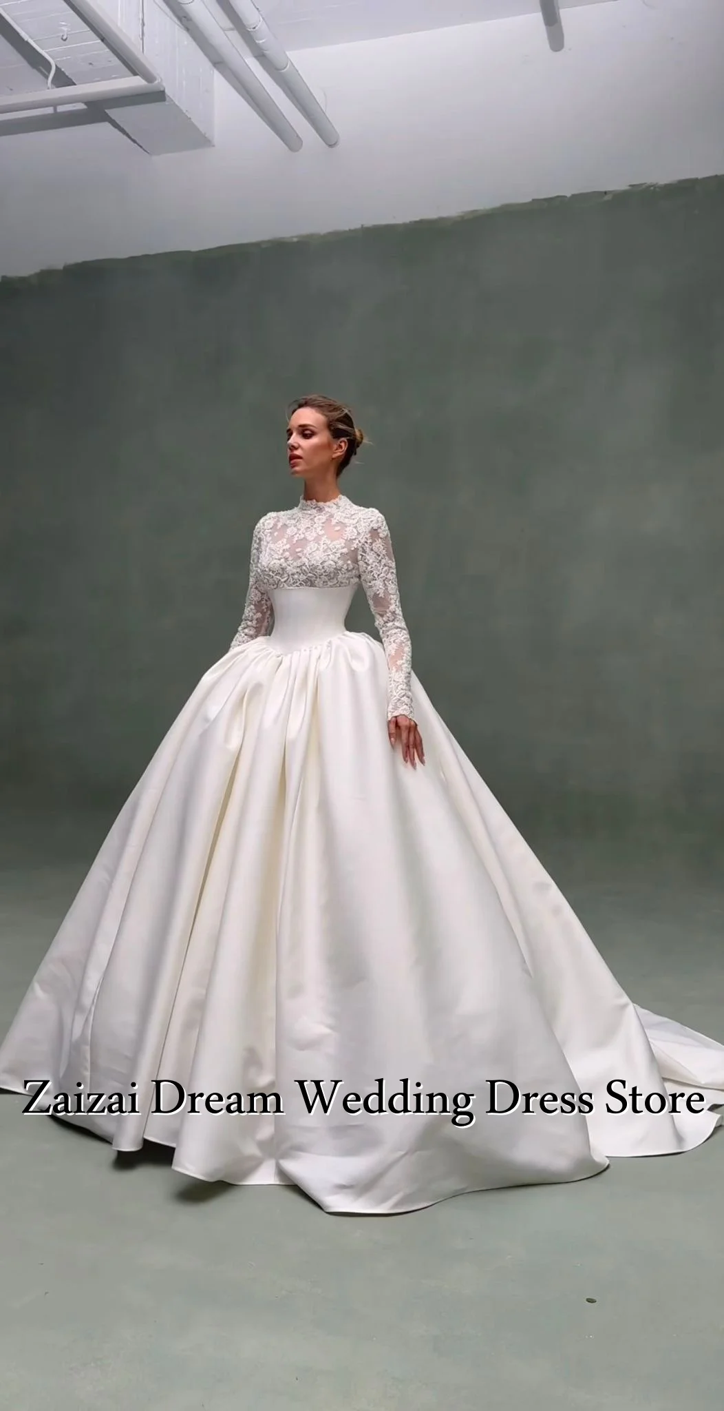 تخصيص أنيقة شارون سعيد أوف وايت فستان الزفاف عالية الرقبة الكرة ثوب الأميرة الساتان العروس ثوب فيستدو دي نوفيا