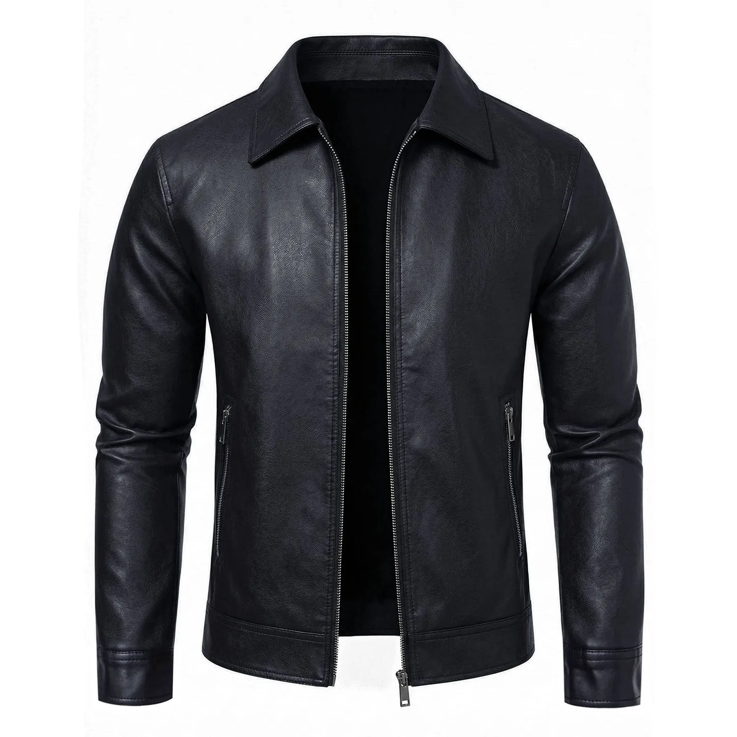 Black Faux Leather Jacket Mens Turn Down Collar Jacket Slim Fit Zip Up Motorcycle Biker Coat Casual Streetwear Outerwear
