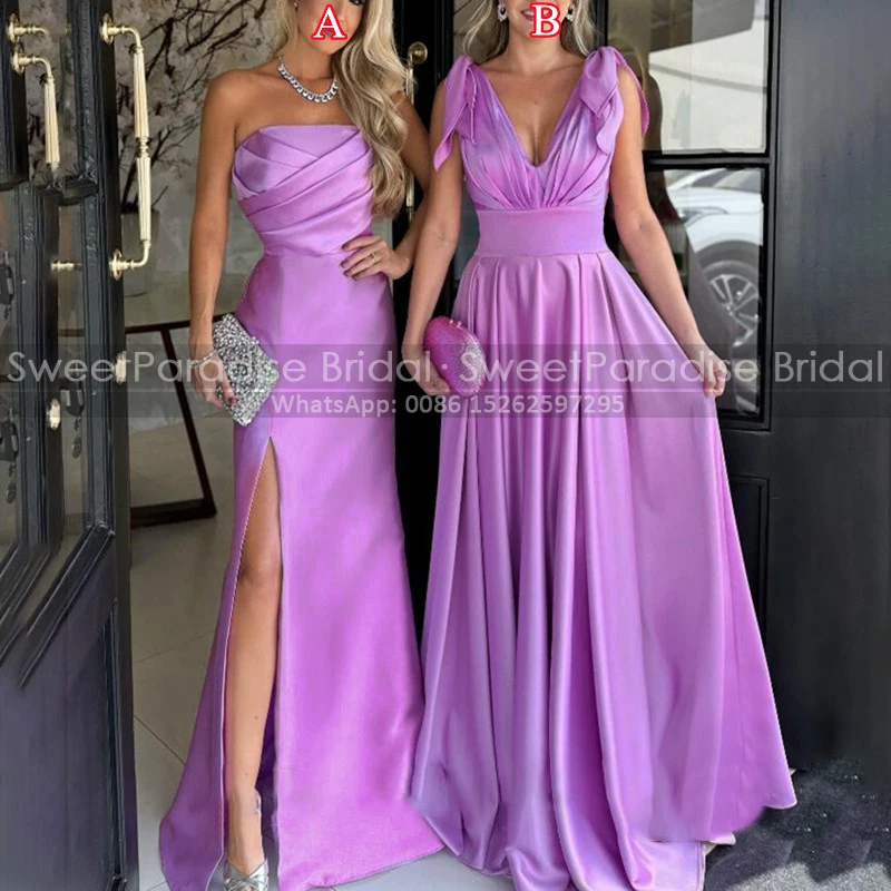 Customized A Line Bridesmaid Dresses High Slit Long Strapless Sleeveless Pleat Lavender Satin Wedding Guest Dress Party