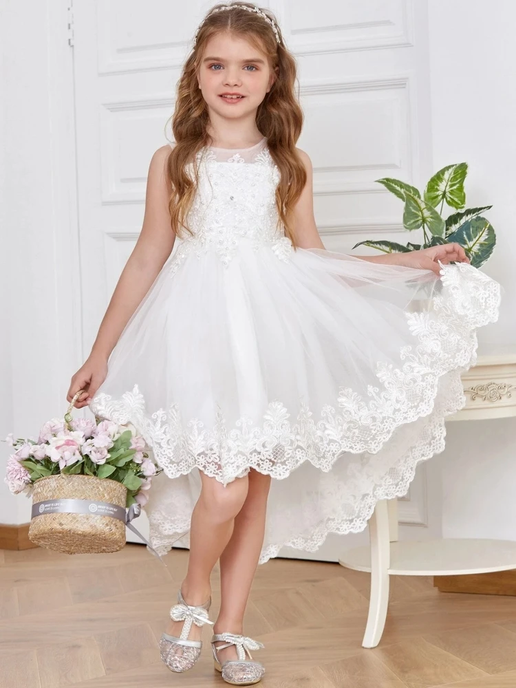 White Flower Girl Dresses Tulle Lace Flory Pattern With Bow Sleeveless For Wedding Birthday Party Banquet Princess Gowns