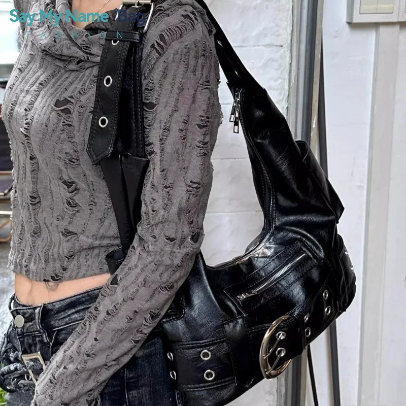 

Belt buckle Women PU Rivet Multiple Pockets Shoulder Bag for Women Y2k Gothic Aged Leather New Designer Luxury Fashion Tote Bag