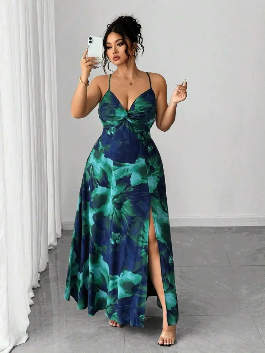 

Платье макси больших размеров с цветочным принтом, завязками спереди, боковым разрезом и тонкими бретелями для отпуска