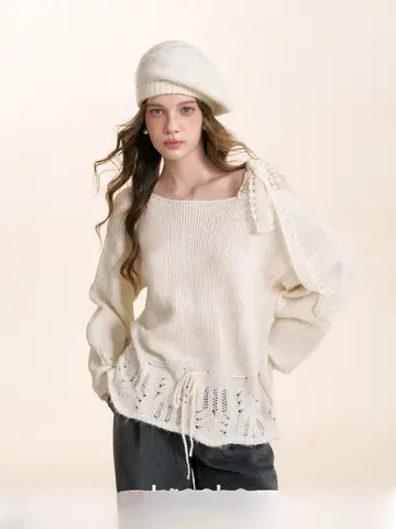 Kroche Miao Yarn Mixed Wool Lace Dstring oulder Bared Sweater Women's Loose Fit Long Sve round Ne Warm Thermal Top