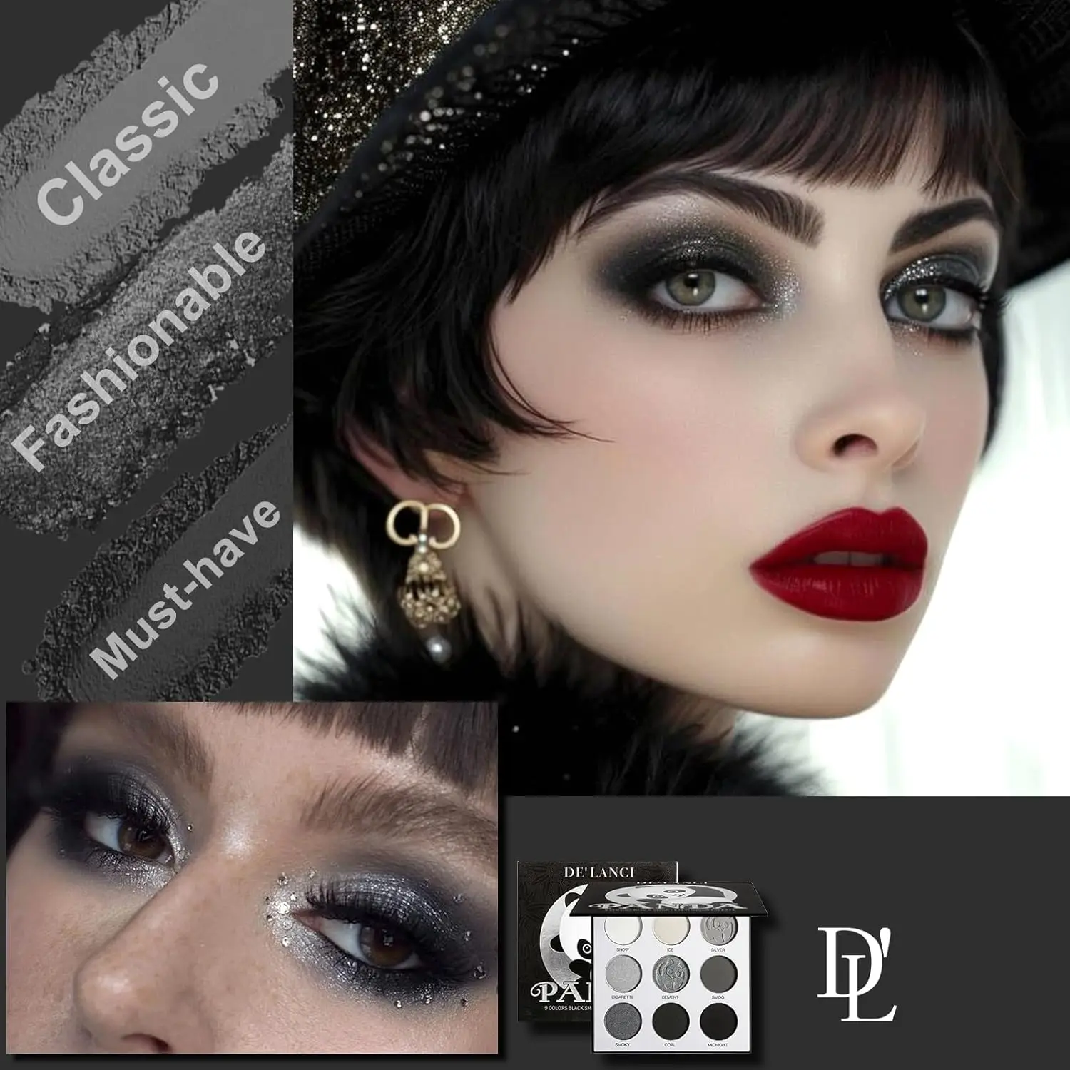 DE'LANCI Eyeshadow Palette 9 Colors Grey Black Matte Shimmer Pearly Eye Shadow Goth Punk Smoky Fine Flash Lasting Eye Makeup