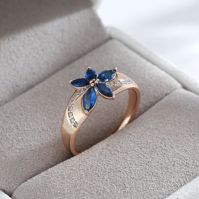 Kinel New Blue Natural Zircon Ring for Women 585 Rose Gold Flower Rings Vintage Ethnic Bride Wedding Jewelry Party Accessories