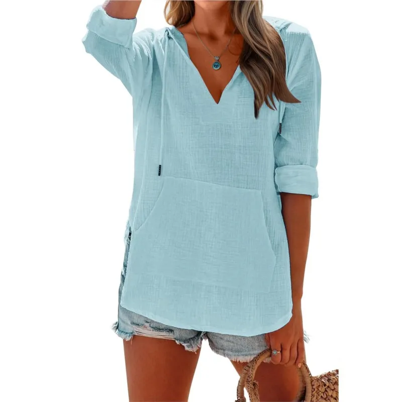 

Summer Long Sleeve Casual Hooded Shirts & Blouses Women Solid Color With Drawstring Big Pocket Loose Blouse Tops 2025 Autumn New