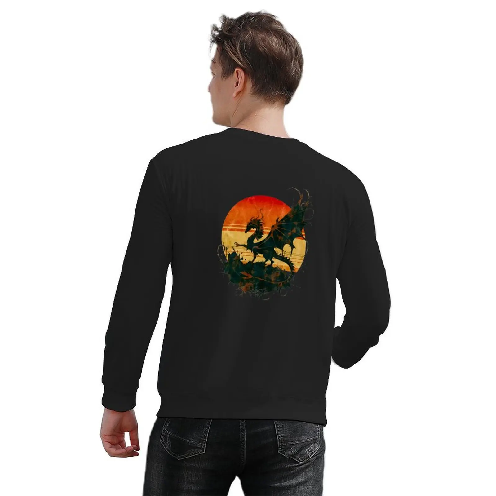 Aged Majesty: Dragon Silhouette in Vintage Twilight Pullover korean autumn clothes blouse aesthetic clothing sweatshirts for men