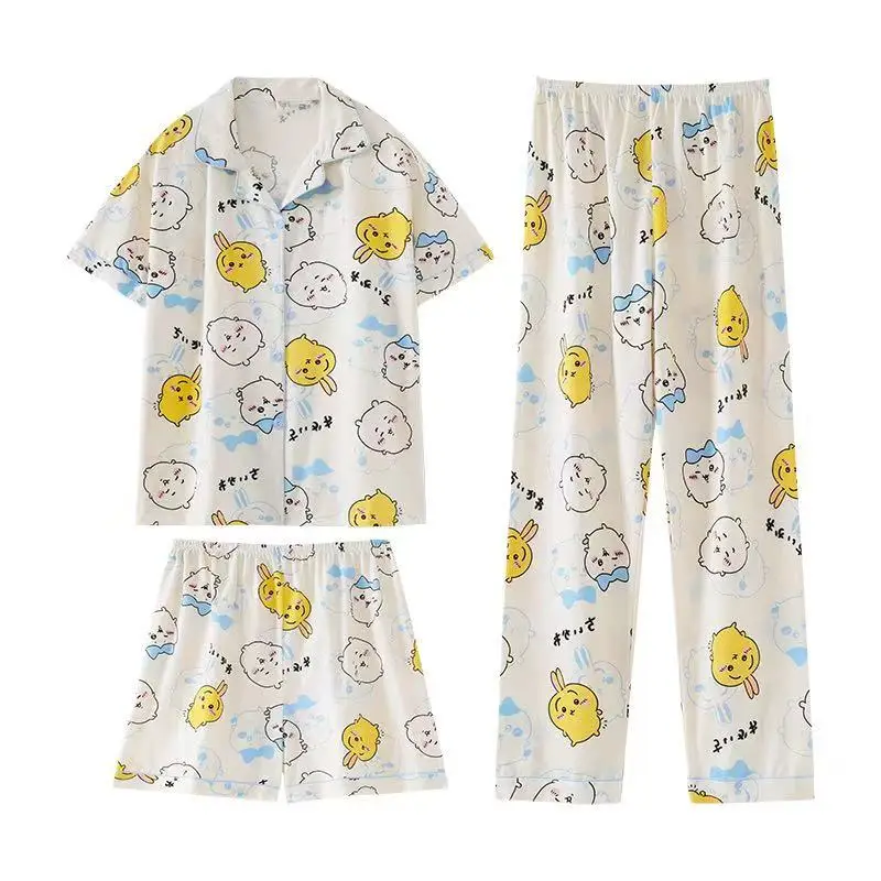 New Kawaii Sanrio Chiikawa Pajamas Three-piece Set Cute Anime Short Sleeves Shorts and Long Pants Pure Cotton Home Wear - Image 3