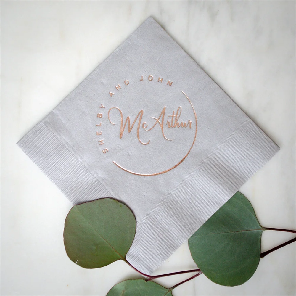 50PCS Platinum Silver Wedding Napkins, Gray Cocktail Napkins, Circle Monogram, Rose Gold Foil, Open Bar Napkins, Dessert Napkins