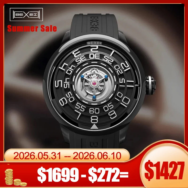 BEXEI Tourbillon Mechanical Men's luxury watch Flying Centre Tourbillon Manual Movement Man watch Hollow Black Hole 9110