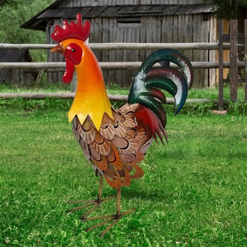 Iron Rooster Sculpture Figure Statue Unique Gardening Accent For Home Decoration JOMD