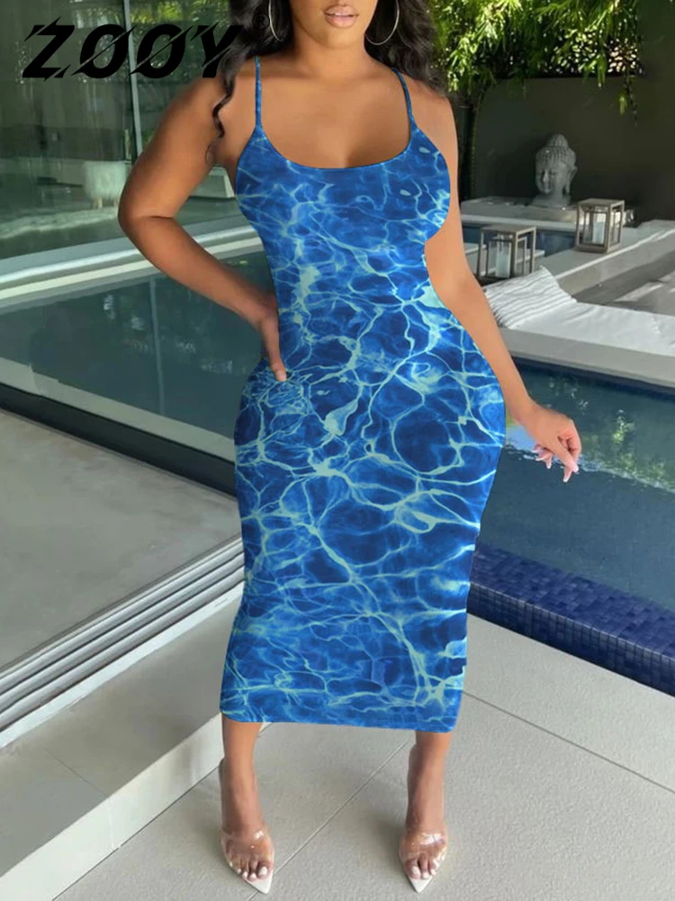 XXS-6XL Plus Size Hanging Strap Dress for Women Casual Fashion Blue Ripple Print Lace up Tight Long Dress ZOOY