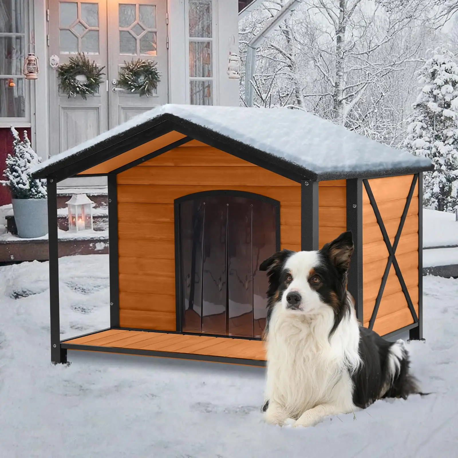 Outdoor Dog House Weatherproof Wooden Dog Shelter for Small to Medium Sized Dogs Iron Frame Indoor Outdoor Doghouse