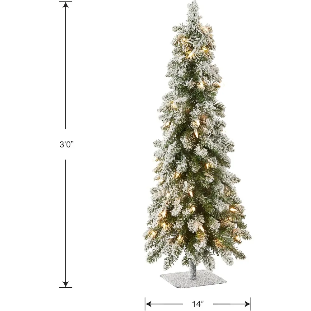 Pre-lit Artificial Mini Christmas Tree | Includes Pre-strung White Lights | Snowy Downswept Forestree - 3 ft