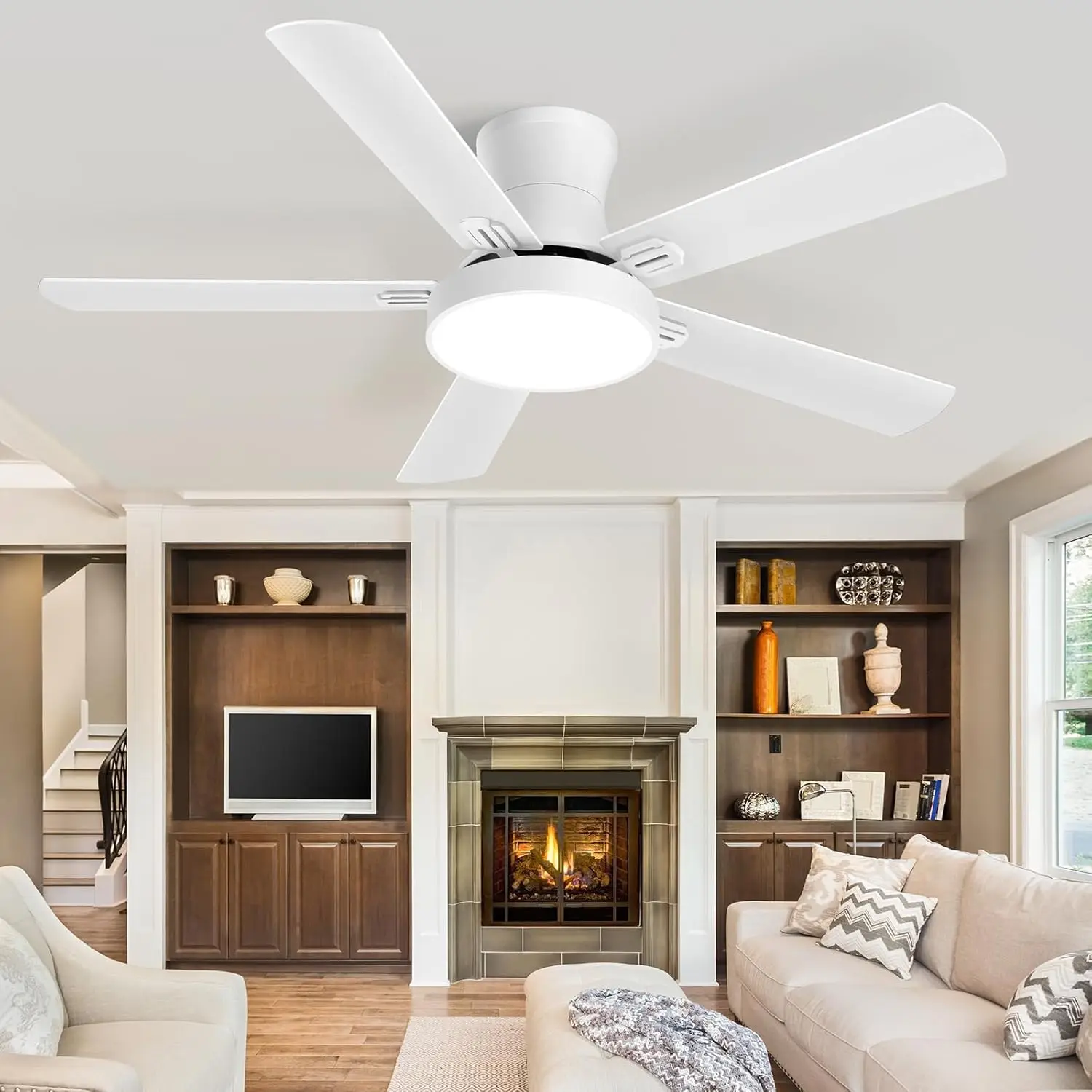 Ceiling Fans With Lights, 52 Inch Flush Mount Fan Light With Remote Control, 6 Speeds, Dc Reversible Motor, Timing, 3 Color