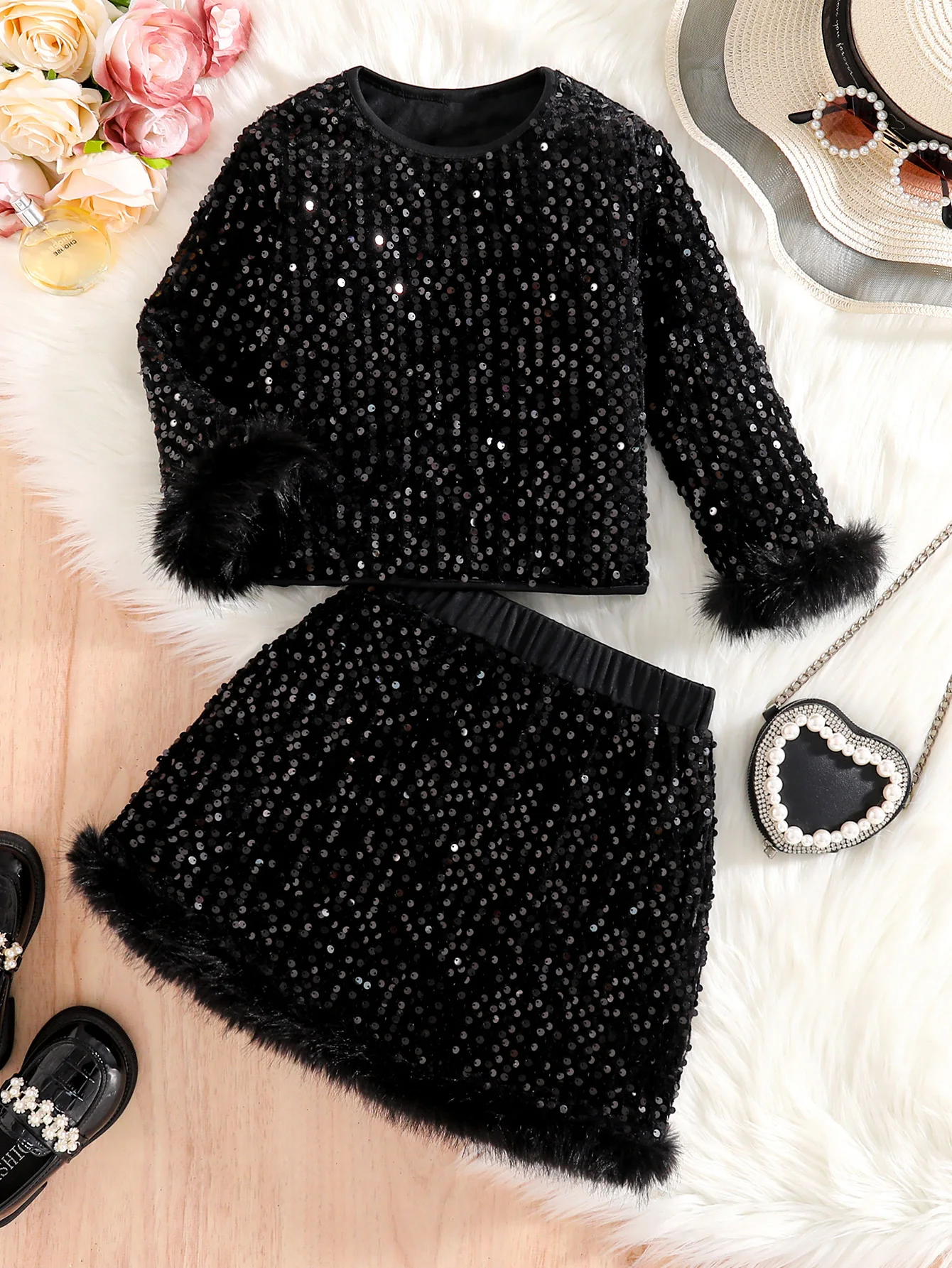 Girls' Black Sequin 2-Piece Outfit, Long Sleeve Furry Cuff Top + Feather Trim Mini Skirt, Kids' Party Birthday Outfit