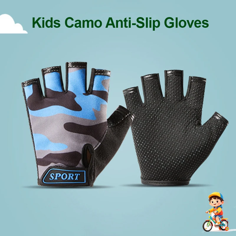 Kinder-Fahrradhandschuhe für Jungen und Mädchen, fingerlos, für den Sommer, Sport, atmungsaktiv, rutschfest, Skateboarden, Tarnung, Kinder-Outdoor-Handschuhe